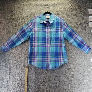 Westbound Shirt Womens Large Blue Plaid 100% Linen Button Down Lightweight